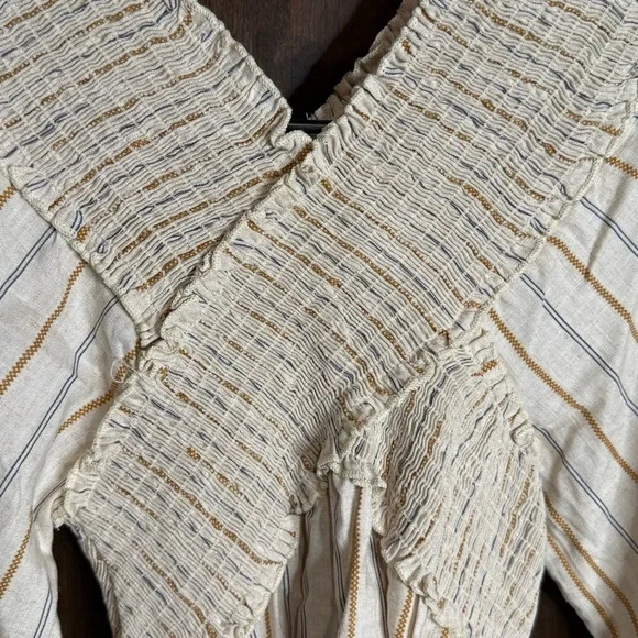 Hummingbird Criss Cross long sleeve ivory 100% rayon top blue gold pinstripe L - Picture 3 of 6